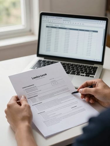 Medium shot of a borrower's hands turning pages of a printed loan statement on a desk, a laptop screen showing a rate comparison spreadsheet softly visible in the background, sharp natural window light from the left, candid not posed, Australian suburban home interior visible beyond
