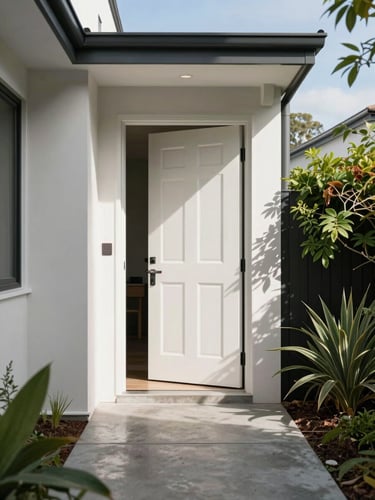 Wide environmental shot of a contemporary Sydney home entry — a freshly painted front door ajar, polished concrete path, a leafy garden visible to one side, clear midday daylight, no people, clean and composed framing showing context and space