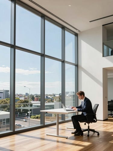 Wide environmental shot of a modern Australian office interior, floor-to-ceiling windows flooding the space with clear northern daylight, a broker at a standing desk reviewing documents on a laptop, clean white walls and timber flooring visible in the background, no faces in close-up, calm and professional atmosphere