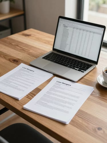 Environmental portrait-orientation shot: a timber desk in a modern Australian home office, a laptop open to a loan comparison spreadsheet beside a neatly clipped set of mortgage documents, bright north-facing daylight falling across the papers, a coffee cup partially visible at the edge of the frame — candid working scene, no person visible