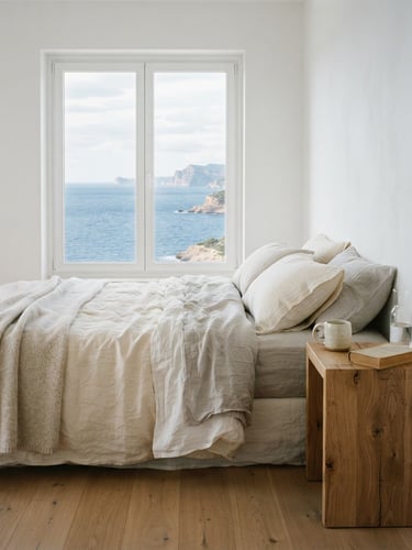 Soft natural daylight flooding a minimalist white bedroom, washed linen sheets, raw oak bedside table, view of the sea, warm editorial photography, medium format film