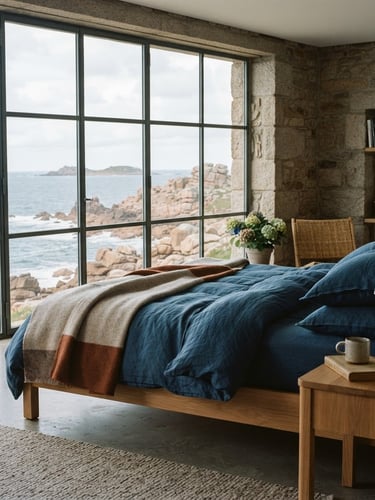 Warm editorial photography of a contemporary bedroom in Perros-Guirec, deep blue linen sheets, large window framing the open sea, soft natural Breton daylight, medium format film.