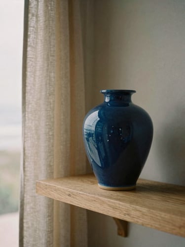 Close-up of interior design details in the Vague Bleue gîte, deep blue ceramic vase on a raw oak shelf, textured linen curtains, soft overcast coastal light.