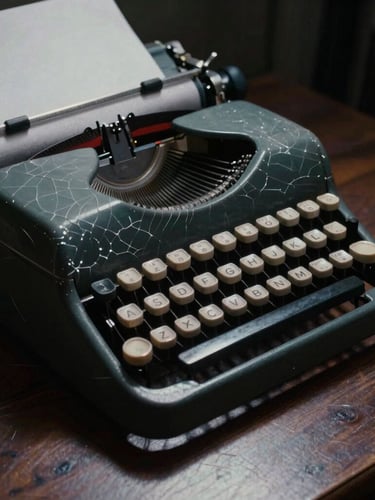 A close-up of a vintage typewriter on a dark wooden desk, dramatic shadows cast across the keys by a single cold tungsten light source, cracked glass textures in the background.