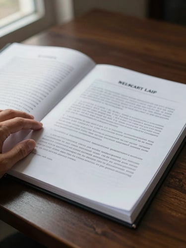 Close-up of an open legal case file on a dark wood desk, annotated pages visible under soft natural window light from the left, a hand resting on the edge of the document, ink-written margin notes in sharp focus