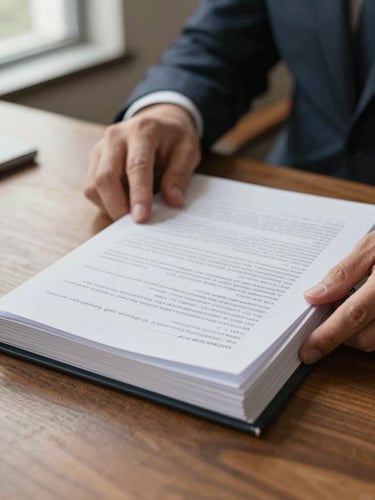 Close-up of an advocate's hands turning pages of a thick legal case file on a wooden desk, natural window light from the left illuminating handwritten margin notes and document tabs, shallow depth of field