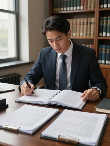 Eye-level wide shot of an advocate at a desk mid-review, open case binders and legal pads spread before them, natural window light from the left, law library shelving visible in the background, no faces fully visible
