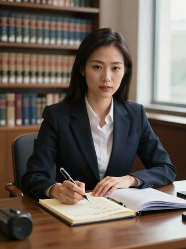 Eye-level shot of an advocate seated at a wide desk in a law library, open case binders spread before them, pen in hand over a yellow legal pad with handwritten notes, rows of law books softly blurred behind, cool natural window light from the right
