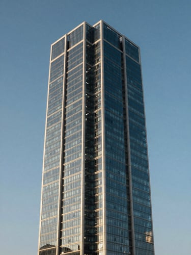 Crisp daylight architectural elevation of a modern glass-and-steel high-rise tower on the Abu Dhabi Corniche, reflecting the blue sky, emphasizing clean lines and structural scale.