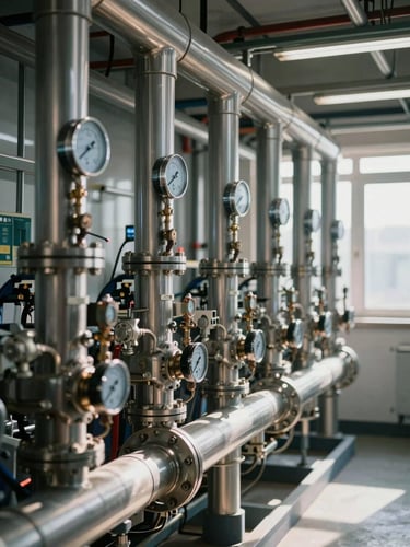 High-end mechanical room with clean steel pipes, modern pressure gauges, and structured technical layouts, bright daylight.