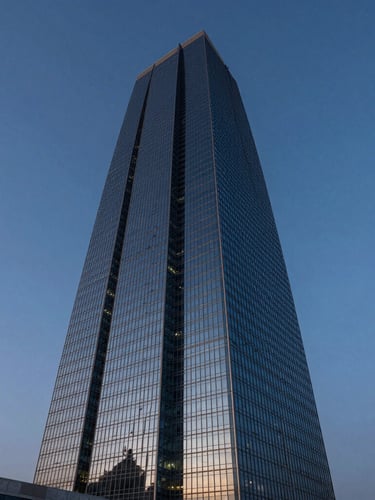 Wide-angle architectural elevation of a soaring glass-and-steel skyscraper on the Abu Dhabi Corniche at twilight, deep blue hour lighting, sharp reflection on the facade, clean negative space.
