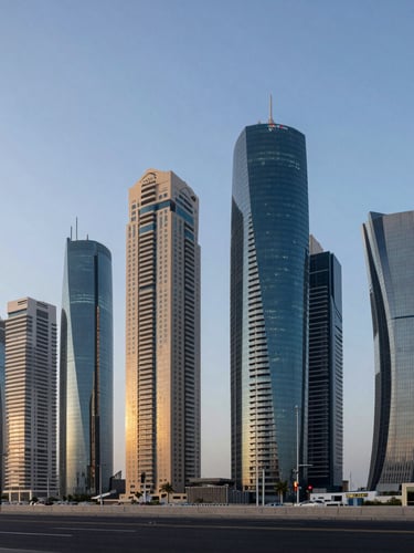 Wide environmental shot of modern Abu Dhabi glass-and-steel high-rises along the Corniche during crisp blue-hour daylight, clean architectural lines, expansive sky.