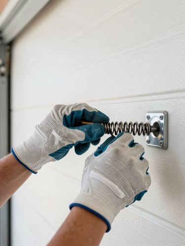 Close-up of professional hands wearing work gloves, carefully replacing a torsion spring on a garage door, specialized tools visible, bright garage interior lighting, crisp focus.