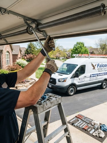 Clean, professional hands replacing a garage door spring under bright natural daylight, with a Falcon Garage Door's Repairs Team service truck visible in the background on a suburban Centerton driveway.