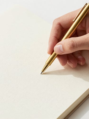 Hands carefully placing a minimalist brass pen onto a thick linen notebook, crisp textures, overhead macro shot, bright indirect daylight.