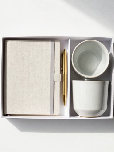 Overhead flat-lay of a minimalist morning routine box, containing a heavy ceramic mug, a linen-bound journal, and a brass pen, arranged with geometric precision on a clean white surface, bright indirect daylight, soft shadows.