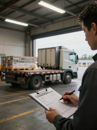Medium-wide shot of a driver at a loading dock checking a freight manifest against a flatbed load, fluorescent dock lights overhead, hands visible on clipboard, truck cab visible in background, early morning industrial light