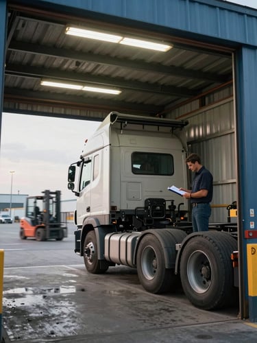 Wide-angle view from dock level, a semi-truck backed into a loading bay, driver checking cargo manifest on clipboard under harsh dock fluorescent light, motion blur on distant forklift, industrial warehouse context