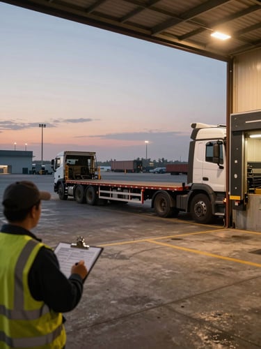 Wide panoramic view from inside a freight dock at dusk, a flatbed truck backing into a loading bay at the right edge, dock lights casting amber pools on the concrete floor, a worker in a high-vis vest checking a manifest clipboard in the foreground left, industrial haze in the background