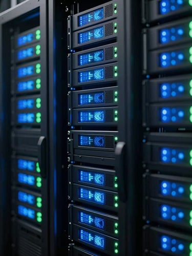 Close-up of secure server racks in a European data center, glowing blue and green status lights, clean technical aesthetic, high contrast