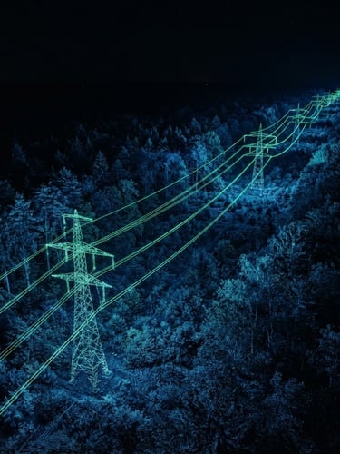 High-contrast aerial view of high-voltage power lines cutting through a dense European forest, glowing 3D LiDAR point cloud overlay, deep blue and cyber green data streams, dark cinematic lighting
