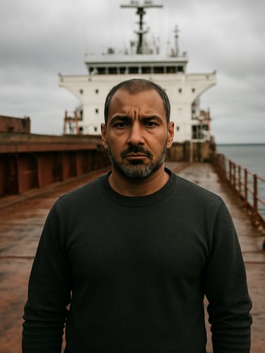 High-contrast portrait of owner Salah Sulaiman Abdullah standing on the steel deck of the Lady Gona cargo vessel, overcast coastal daylight, industrial maritime setting.