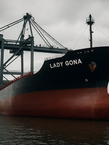 Wide panoramic shot of the massive steel hull of the Lady Gona cargo ship docked at an industrial port, heavy cranes overhead under overcast daylight