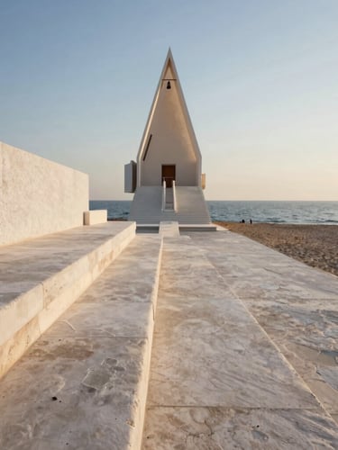 One-point perspective of the travertine terrace extending toward the open ocean, soft morning light casting long shadows, raw plaster wall on the left