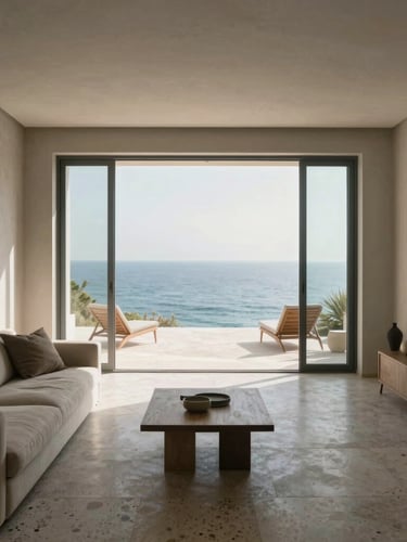 One-point perspective architectural shot of Villa Riva, looking from the cool terrazzo living room out to the bright travertine terrace and open sea, soft morning light, minimalist furniture.