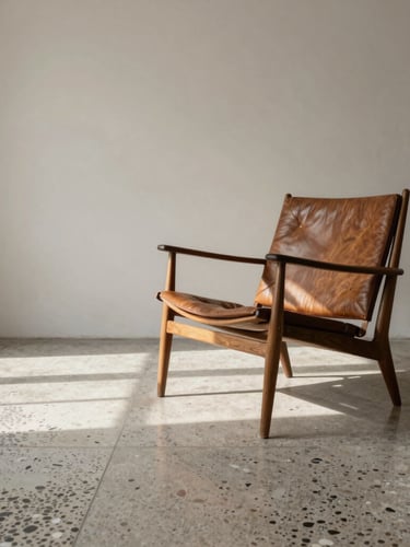 One-point perspective of a minimalist living room, terrazzo floors reflecting soft morning light, an authentic mid-century lounge chair in oiled walnut and leather, raw plaster walls.