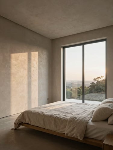 One-point perspective architectural photograph of a minimalist bedroom at sunrise, raw plaster walls, low-profile bed with natural linen, soft morning light streaming through floor-to-ceiling windows.