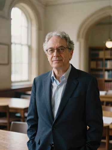 A distinguished researcher in a classic university library setting, soft natural window light, historical stone archways in the background, 35mm photography