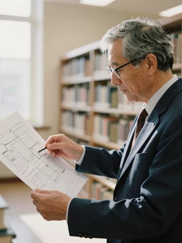 A distinguished researcher reviewing architectural blueprints in a sunlit university archive, warm 35mm photography, soft natural light, shallow depth of field