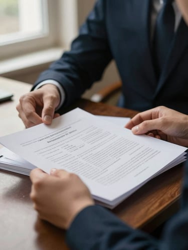 A close-up of hands reviewing official academic credentials and research papers on a dark wooden desk, soft window light, shallow depth of field