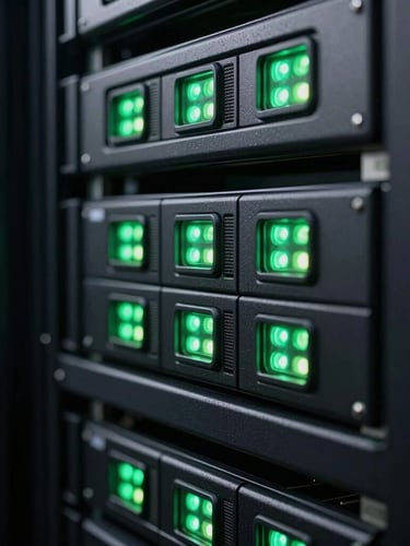 Macro close-up of high-speed server racks in a dark data center, glowing green status lights casting a soft neon hue on black matte metal, shallow depth of field, ultra-precise corporate technology aesthetic.