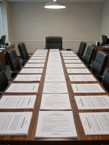Wide environmental shot of a federal procurement office interior, long table with official bid documents laid out in organized rows, a single overhead lamp illuminating the documents, no people, clean and precise atmosphere