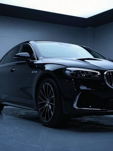 Low-angle heroic shot of a luxury car silhouette inside a clean, modern workshop, deep shadows, crisp details