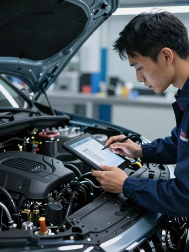 A professional mechanic using a diagnostic tablet connected to a luxury car engine bay, cool blue workshop lighting, sharp focus, 50mm lens