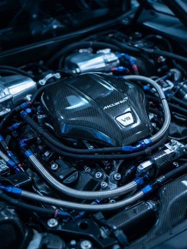 Tight macro shot of a clean modern engine bay, cool blue workshop lighting, sharp metallic reflections, 50mm lens