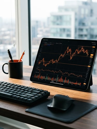 A modern workspace with a tablet displaying a stock market trading chart next to a mechanical keyboard.