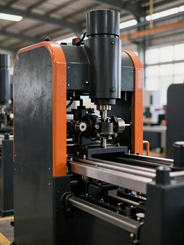 Industrial machinery in a modern organized Brazilian factory, sharp focus, high-contrast black and orange tones