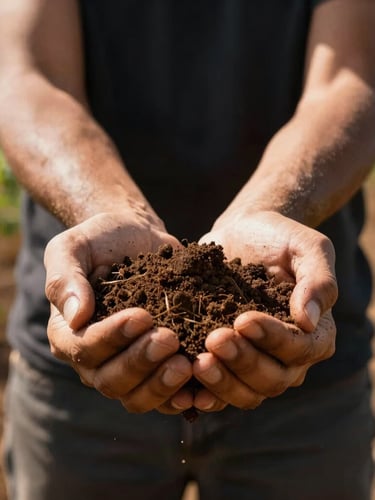 Close-up of hands holding soil in a sunlit Brazilian agricultural field, high contrast, warm natural light, professional photography