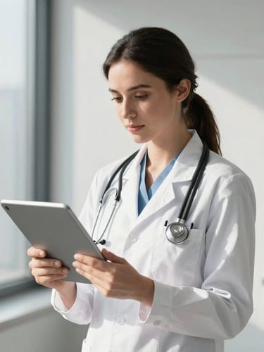 A female doctor in a clean modern clinic looking at a tablet, crisp natural daylight, high-contrast professional portrait