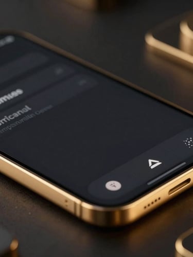 Close-up studio shot of a premium hardware mockup displaying a clean dark user interface, surrounded by ambient gold light, dramatic depth of field.