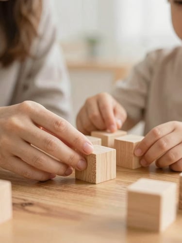 Hands of a mother and child playing with wooden blocks on a warm wooden table, soft natural daylight, shallow depth of field