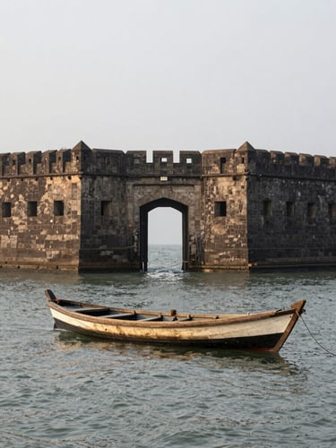 Portrait-framed view of Murud Janjira sea fort from a wooden fishing boat approaching across calm grey-green water, fort walls rising directly from the sea, overcast diffuse morning light, fort gate arch visible centre-frame, no passengers in foreground