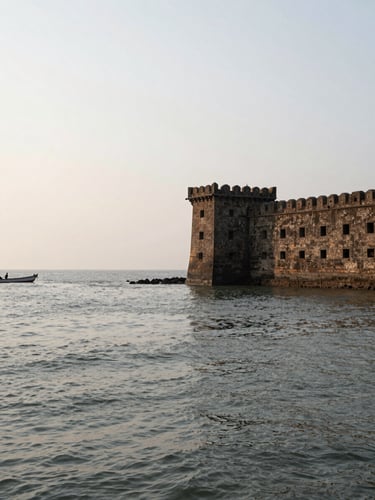 Wide panoramic frame, Murud Janjira sea fort rising from the Arabian Sea to the right third of the composition, stone battlements silhouetted against a pale overcast morning sky, calm grey-green water in the foreground, small wooden fishing boat visible at left edge, no people, natural diffuse light