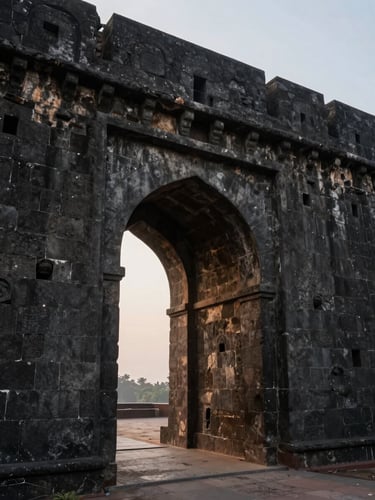 Close architectural detail of Murud Janjira Fort's massive arched gateway carved in dark basalt stone, viewed from inside the fort courtyard at 8am, diffuse overcast light revealing texture in the stonework, no people in frame, wide environmental shot showing the gate's full height against a pale sky