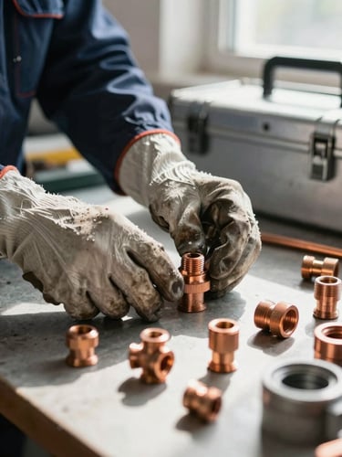 Close environmental shot of a technician's hands at a workbench, sorting through fittings and copper pipe, natural window light falling across worn work gloves and a metal toolbox in the background, shallow depth of field