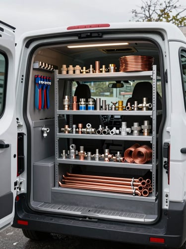 Interior of a well-organized service van, shelves of common plumbing fittings and copper pipe sections, overcast daylight through the open rear doors, tools clipped in order